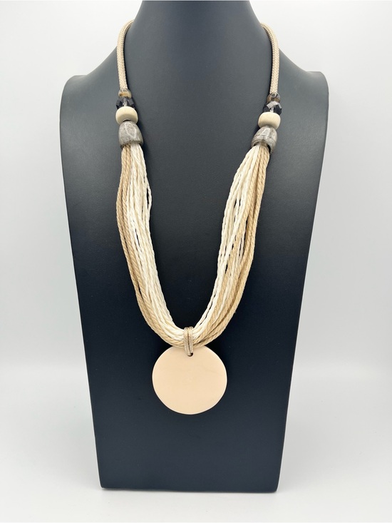 Jewelry - Boho Multi Strand Neutral Cord Large Disc Pendant Necklace 29.5"